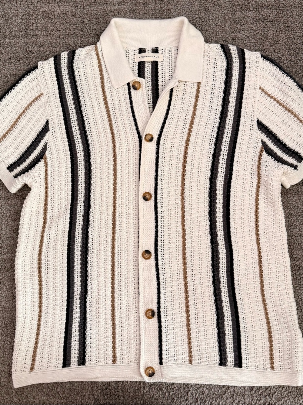 Aeropostale Cream Knit Button-Down Shirt with Black and Brown Stripes